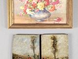 tableau représentant un vase de fleurs posé sur une table, à côté d'un tableau représentant un homme