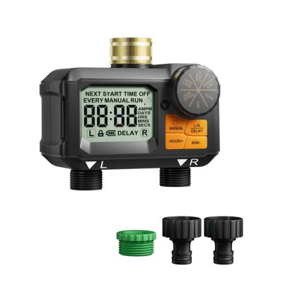 un gros plan d'un compteur d'eau numérique muni d'un tuyau vert