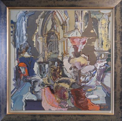 a painting on the wall of a room with a vase and other items