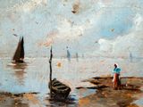a painting of a woman standing on a beach next to a boat