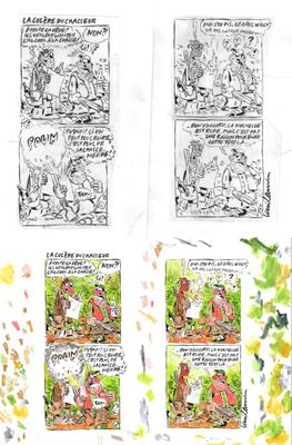 des croquis d'une bande dessinée avec un homme et une femme en arrière-plan