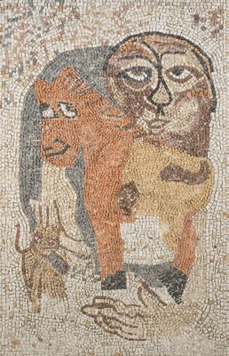 une mosaïque représentant un homme et une femme avec un cheval