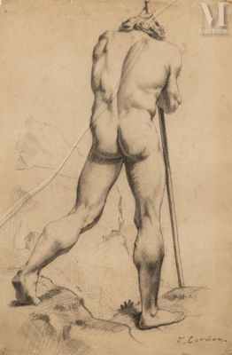 an old drawing of a man holding a stick and standing on a rock