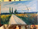 une peinture d'un chemin de terre au milieu d'un champ