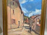 an oil painting of a street scene with buildings and a person on a bike