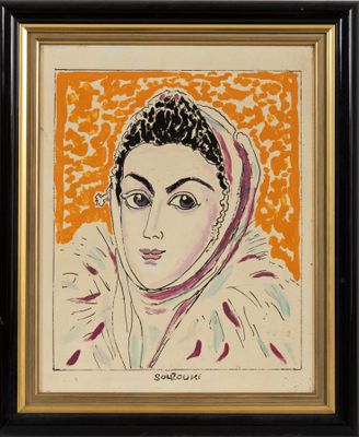 tableau représentant une femme portant un foulard, sur fond orange