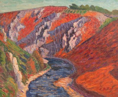 une image représentant un tableau où l'on voit une rivière qui traverse une vallée