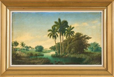 un tableau représentant un paysage tropical avec des palmiers et un plan d'eau