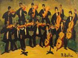 tableau représentant un groupe de musiciens en smoking jouant de leurs instruments