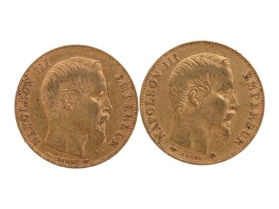 Deux pièces de 20 Francs or Napoléon III tête nue de 1854 et… - Photo 1