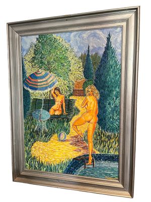 tableau représentant deux femmes assises sur un banc dans un jardin