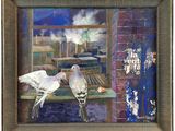un tableau représentant deux oiseaux perchés sur un rebord de fenêtre