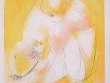 painting of a woman sitting on the ground with a cat
