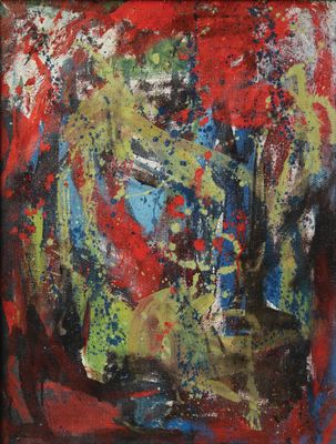 un tableau représentant un tableau rouge et bleu dans un cadre noir