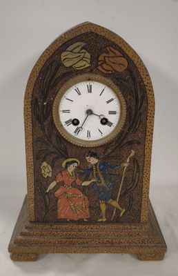 a wooden clock with a painting on it