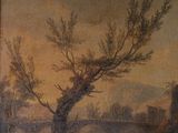 painting of a river scene with a tree and a bridge in the distance