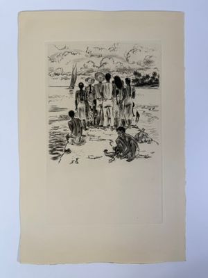 un dessin en noir et blanc représentant un groupe de personnes sur une plage