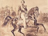 painting of a man riding a horse in a field with other men in the background