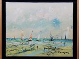 an oil painting of a beach scene with sailboats on the water
