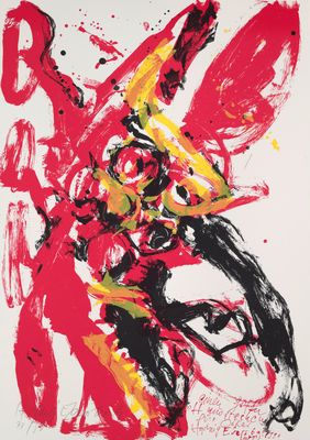 an image of a red and yellow abstract painting on a white background