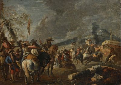 tableau représentant un groupe d'hommes à cheval dans un champ de terre battue