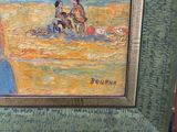 a painting of a man and a woman sitting on a beach