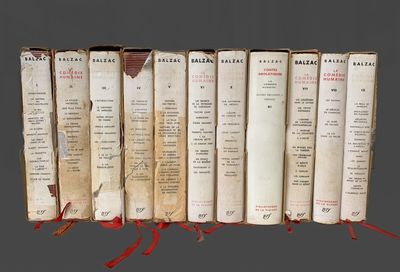 plusieurs vieux livres sont alignés sur une surface grise