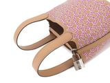 beige and pink handbag on white background with pink and white flowers