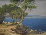 un tableau représentant deux arbres sur une falaise au bord de l'eau