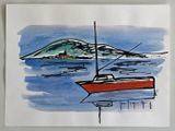 a painting of a boat in the water with a mountain in the background