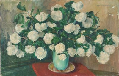 a painting of white flowers in a vase on a red table