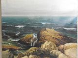 une peinture à l'huile représentant une plage rocheuse avec une cascade jaillissant de l'eau