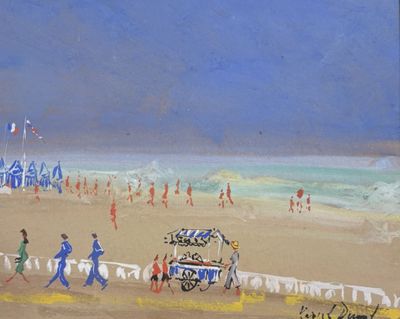 un tableau représentant une scène de plage avec des personnes se promenant sur le sable
