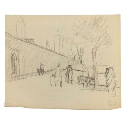 dessin au crayon représentant une scène de rue avec des passants et une calèche
