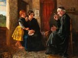 painting of a man and two women talking to a man in a room