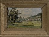 tableau représentant un paysage avec des moutons paissant dans un pré verdoyant
