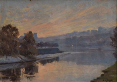 tableau représentant un tableau d'une rivière avec une ville en arrière-plan