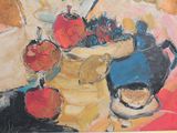 a painting of a still life of fruit and a pitcher on a table