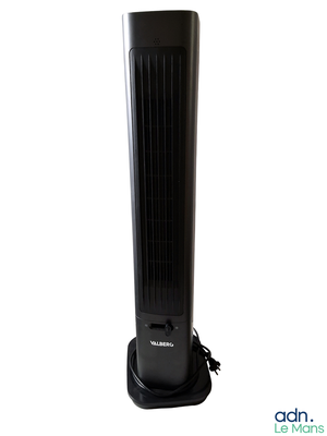 a black tower fan sitting on top of a stand
