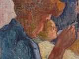 painting of a woman holding a baby and looking at a cell phone