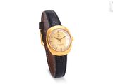 an image of a gold plated wrist watch with a black leather band