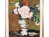 an oil painting of a vase with flowers in it on a table