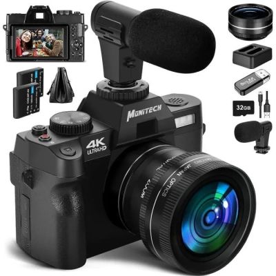 a close up of a camera with a microphone and other accessories