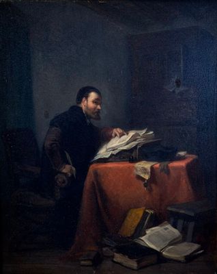 an old painting of a man sitting at a table reading a book