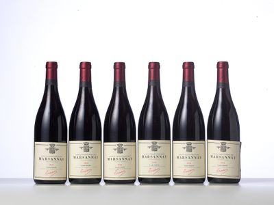 six bottles of red wine lined up in a row