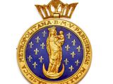 une image représentant une médaille dorée et bleue sur laquelle figure une femme tenant un bébé dans ses bras