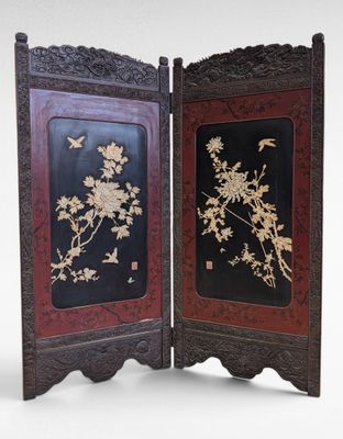 pair of antique chinese folding screen panels with flowers and birds