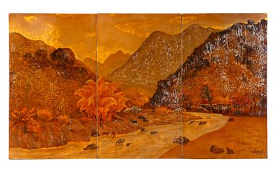 tableau représentant un paysage de montagne avec une rivière et des arbres au premier plan