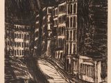 une image représentant un dessin en noir et blanc d'une ville la nuit