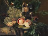 tableau représentant une nature morte avec des fruits et un verre de vin posés sur une table